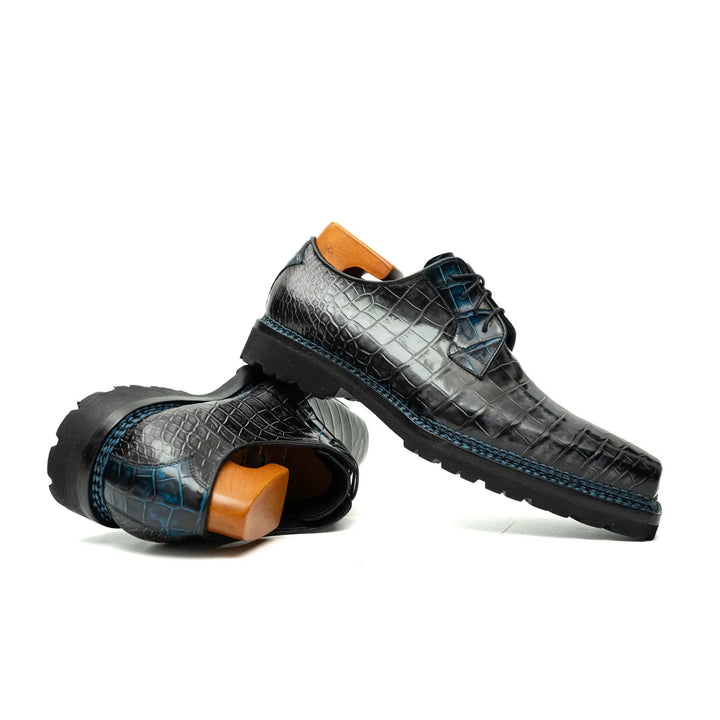Gray-Black Crocodile Leather Derby Shoes