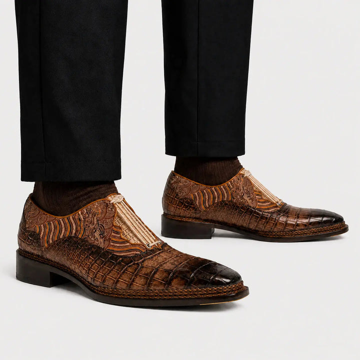 Brown Alligator &amp; Jacquard Ghillie Oxford Shoes