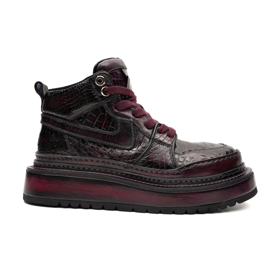 Burgundy Platform Crocodile Leather Sneakers