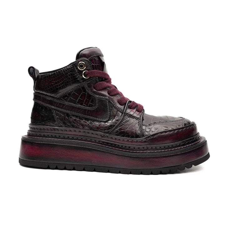 Burgundy Platform Crocodile Leather Sneakers