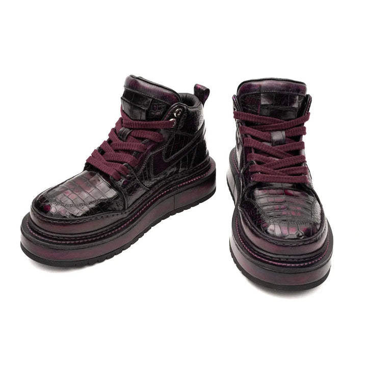 Burgundy Platform Crocodile Leather Sneakers