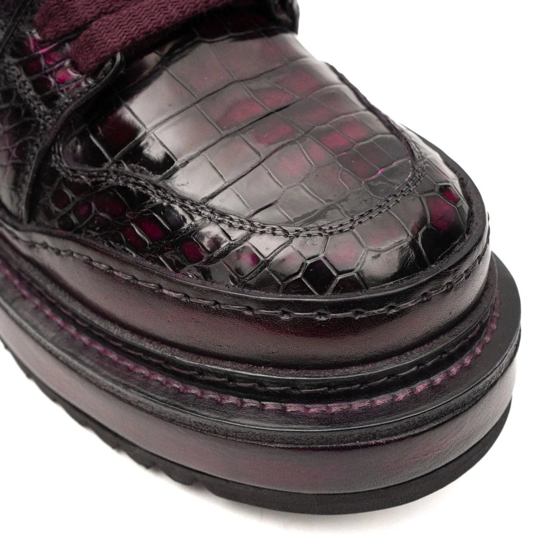 Burgundy Platform Crocodile Leather Sneakers