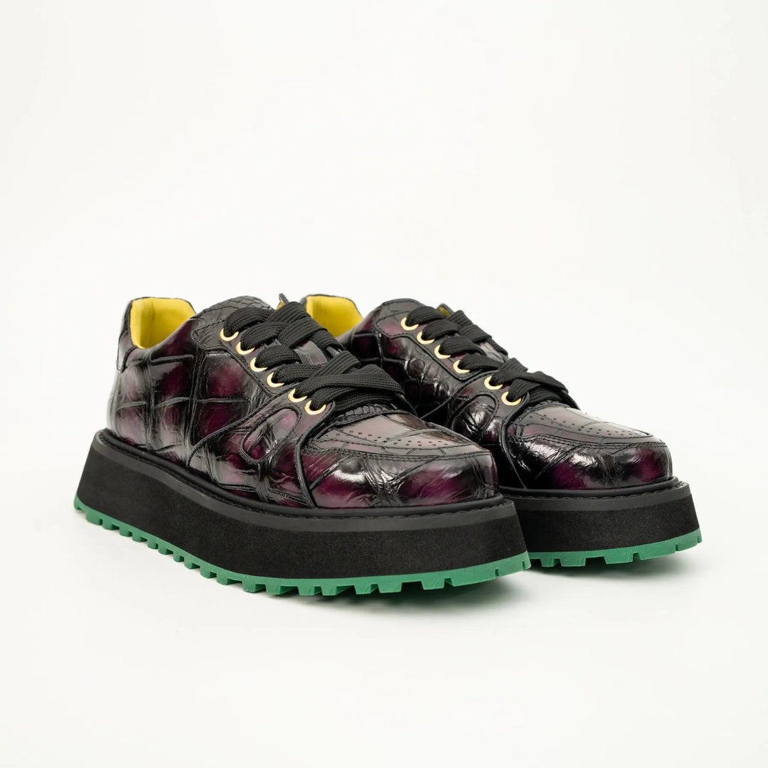 Burgundy-Black Apron-Toe Crocodile Leather Sneakers