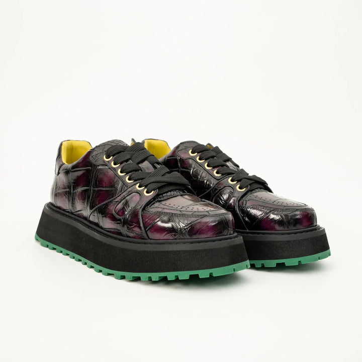 Burgundy-Black Apron-Toe Crocodile Leather Sneakers