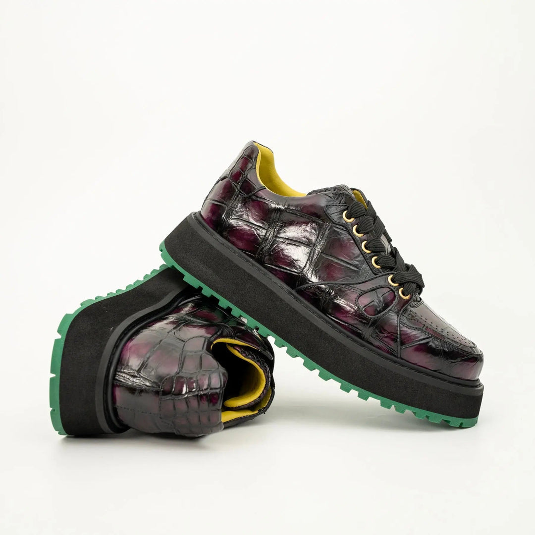 Burgundy-Black Apron-Toe Crocodile Leather Sneakers