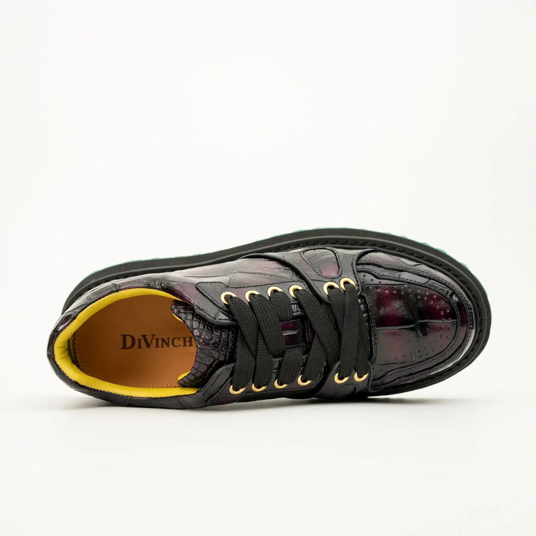 Burgundy-Black Apron-Toe Crocodile Leather Sneakers
