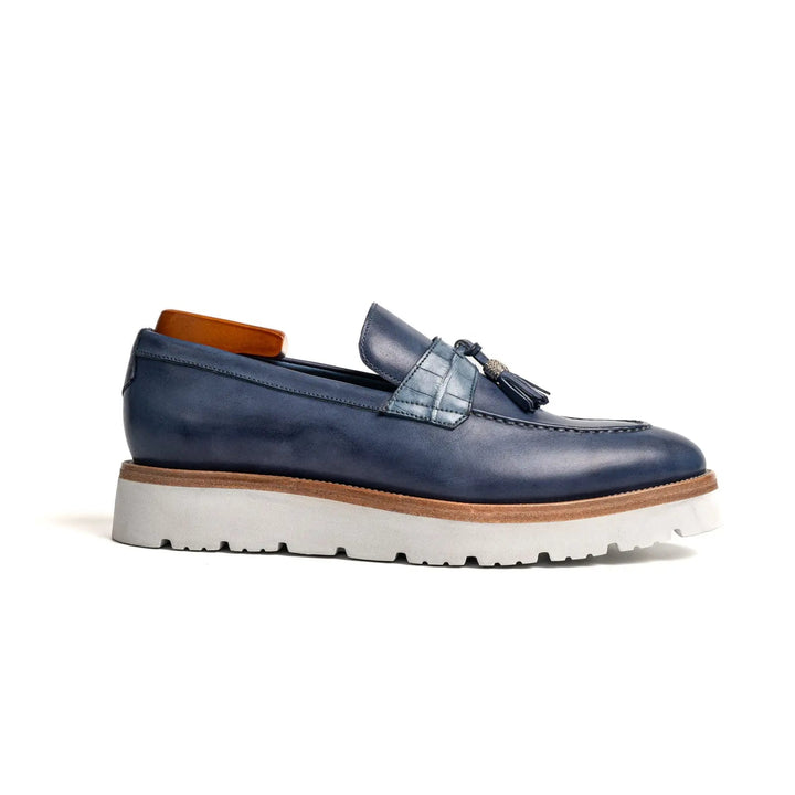 Blue Calf &amp; Crocodile Leather Tassel Loafers
