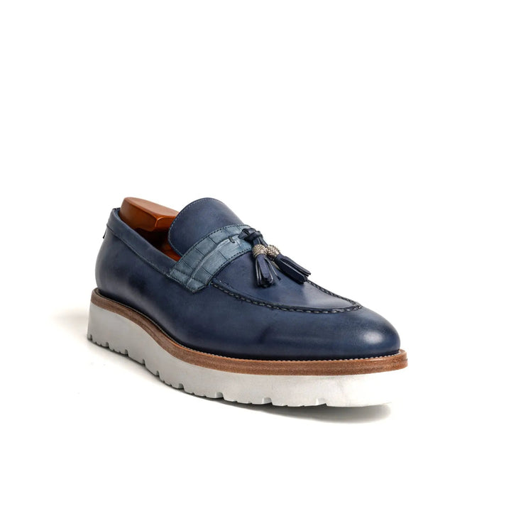 Blue Calf &amp; Crocodile Leather Tassel Loafers