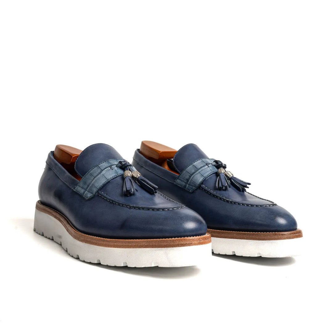 Blue Calf &amp; Crocodile Leather Tassel Loafers