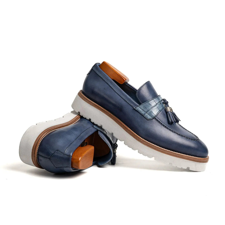 Blue Calf &amp; Crocodile Leather Tassel Loafers