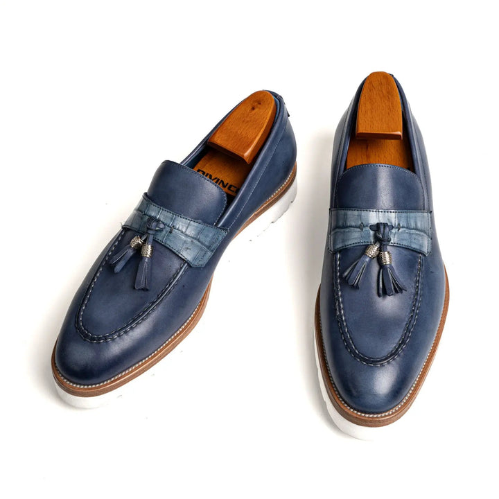 Blue Calf &amp; Crocodile Leather Tassel Loafers