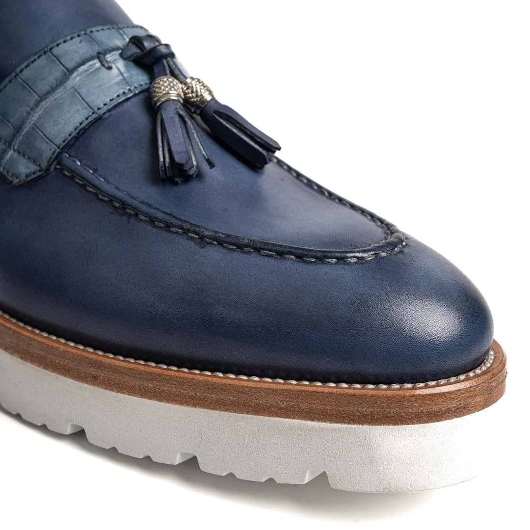 Blue Calf &amp; Crocodile Leather Tassel Loafers