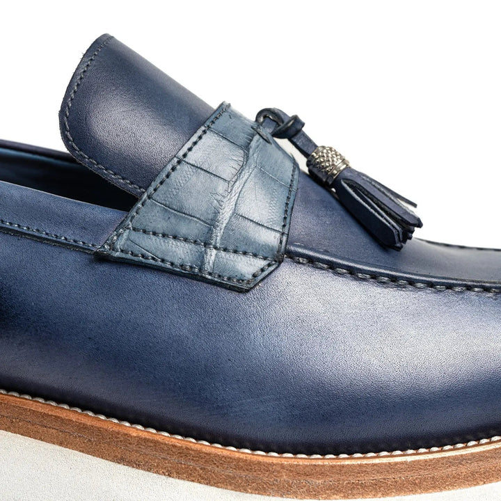 Blue Calf &amp; Crocodile Leather Tassel Loafers