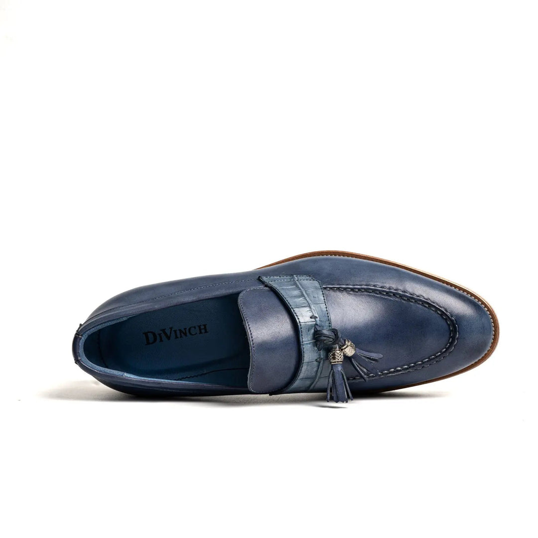 Blue Calf &amp; Crocodile Leather Tassel Loafers
