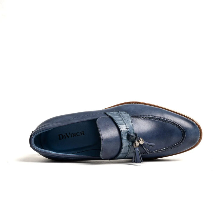 Blue Calf &amp; Crocodile Leather Tassel Loafers