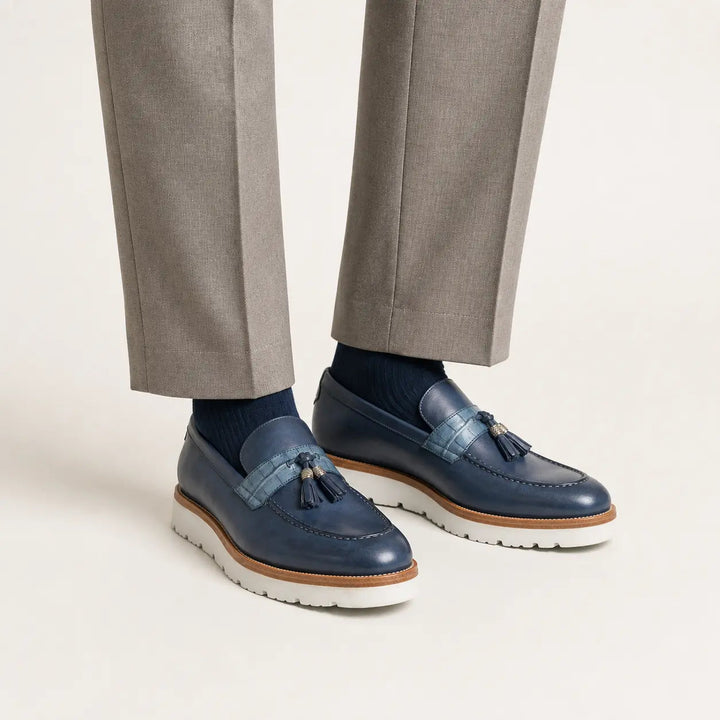 Blue Calf &amp; Crocodile Leather Tassel Loafers