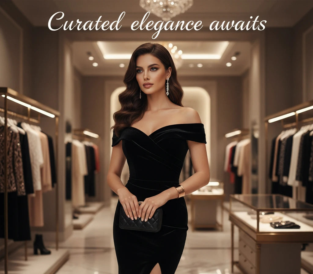 Woman in a black dress standing in a high-end clothing store with 'Curated elegance awaits' text.