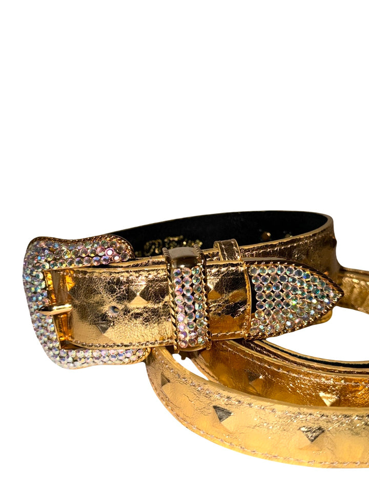 Glam Gold Embossed Studded Italian Leather Collar &amp; Leash Set With Our Custom Swarovski Crystal Buckle