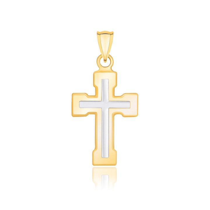 14k Two-Tone Gold Dual Cross Design Pendant with Block Ends