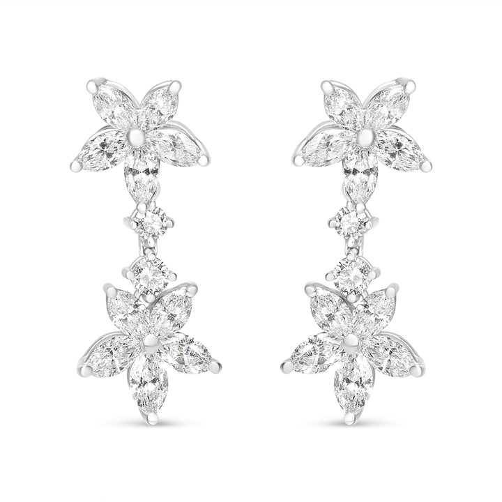 18k White Gold 6.0 Cttw Marquise Diamond Floral Dangle Drop Earrings (E-F Color, VS1-VS2 Clarity)