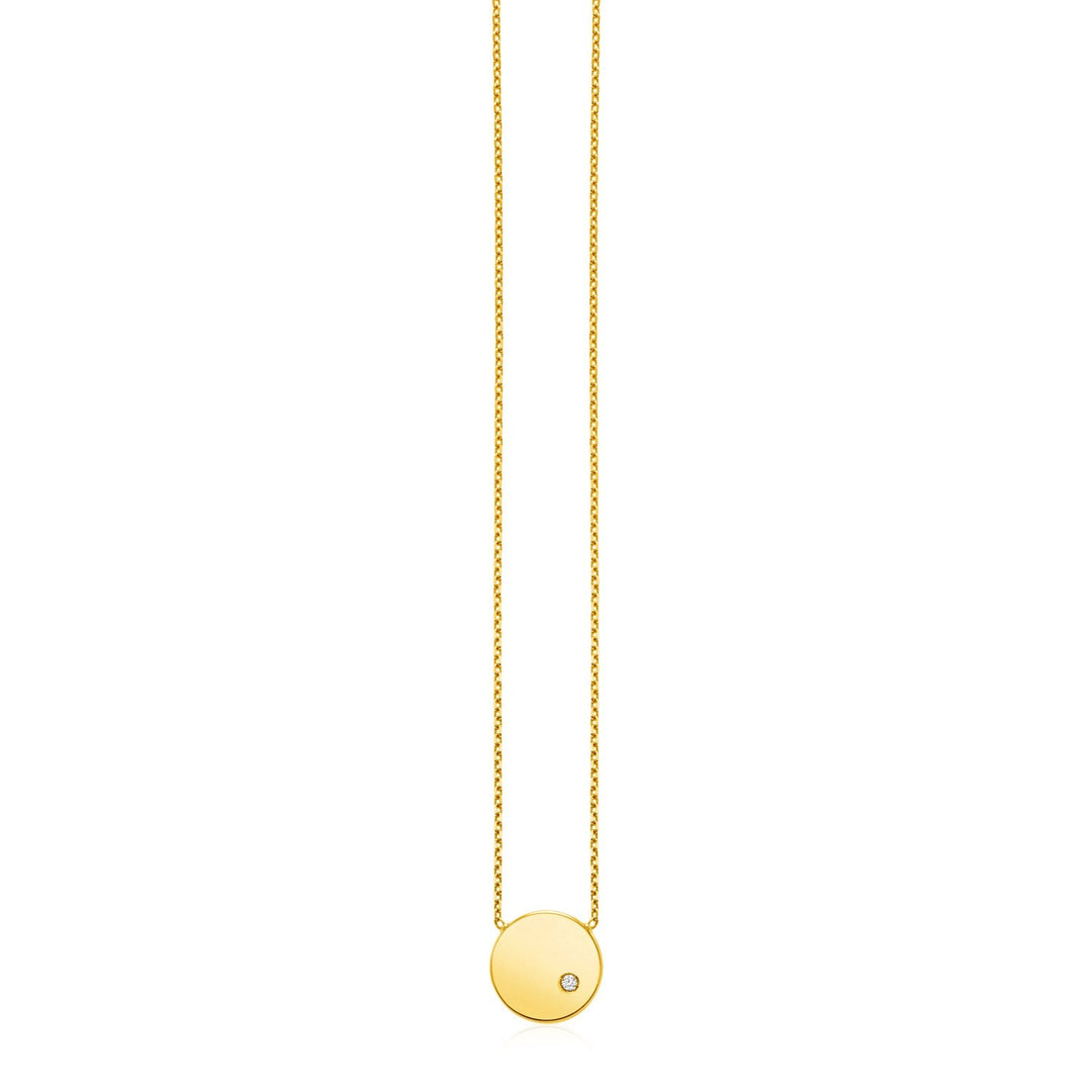 14k Yellow Gold Necklace with Polished Round Pendant with Diamond