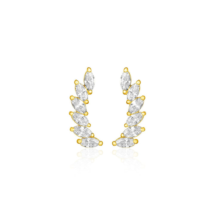 14k Yellow Gold Leaf Motif Climber Post Earrings with Marquise Cubic Zirconias