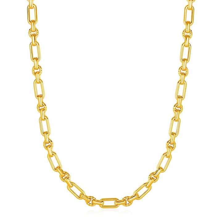 Rounded Rectangular Link Necklace with Textured Round Links in 14k Yellow Gold