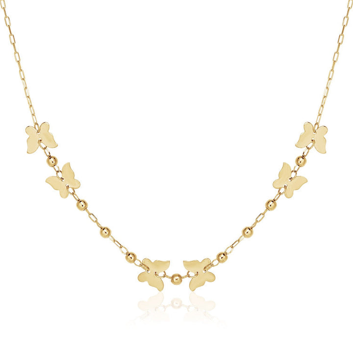 14k Yellow Gold 18 inch Necklace with Polished Butterflies and Beads