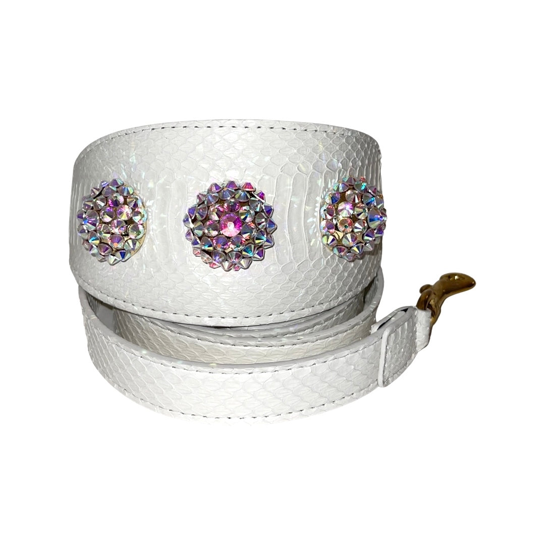 Stunning Matte White 3” Wide Style Collar &amp; Leash Set, With Our Custom Swarovski Rivets