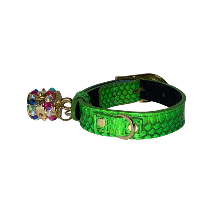 XS/S 7”-14” Neon Green Custom Snake Collar/Custom Gold Italian Hardware &amp; Swarovski Crystal Charm