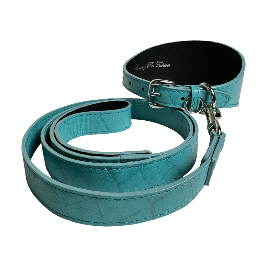 The Tiffany Collection. Gorgeous Turquoise Blue Embossed Croc Italian Leather 3” Wide Style Collar, With Silver Hardware