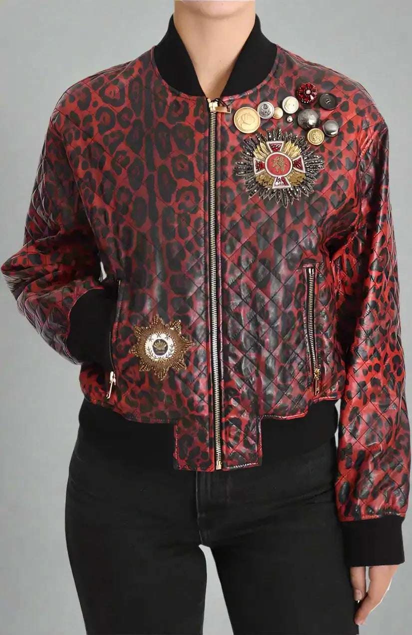 Dolce & Gabbana Red Leopard Button Crystal Leather Jacket
