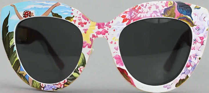 Dolce & Gabbana Multicolor Wood Crystal Brass Frame Floral Hand Paint Sunglasses