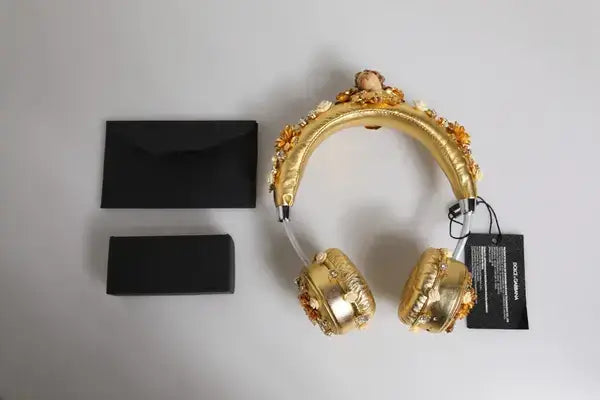 Dolce & Gabbana Gold Leather Floral Crystal Angel Headset Headphones