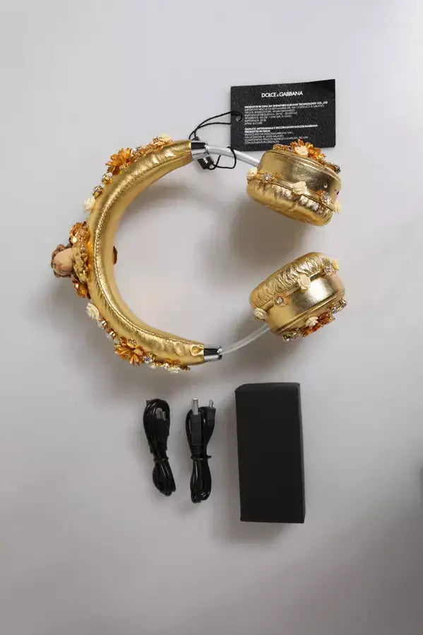 Dolce & Gabbana Gold Leather Floral Crystal Angel Headset Headphones