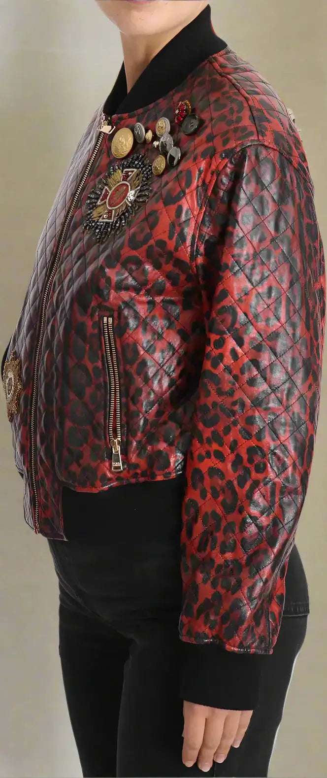 Dolce & Gabbana Red Leopard Button Crystal Leather Jacket