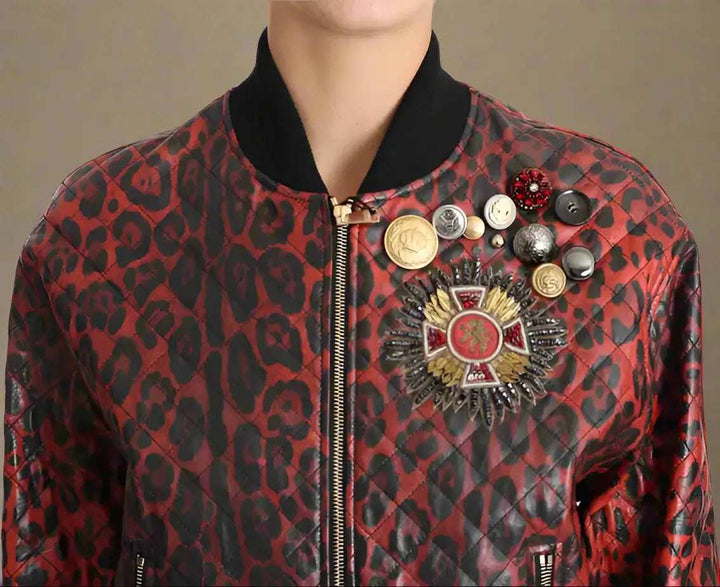 Dolce & Gabbana Red Leopard Button Crystal Leather Jacket
