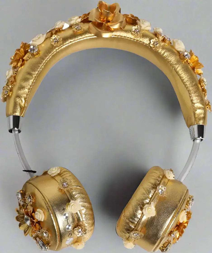 Dolce & Gabbana Gold Leather Floral Crystal Angel Headset Headphones