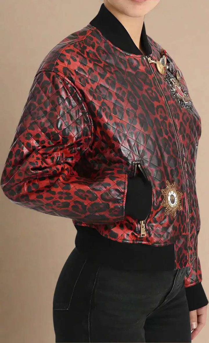 Dolce & Gabbana Red Leopard Button Crystal Leather Jacket