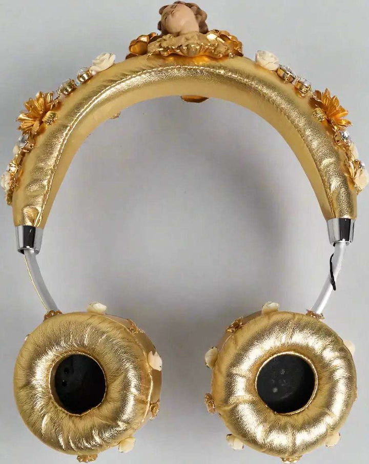 Dolce & Gabbana Gold Leather Floral Crystal Angel Headset Headphones