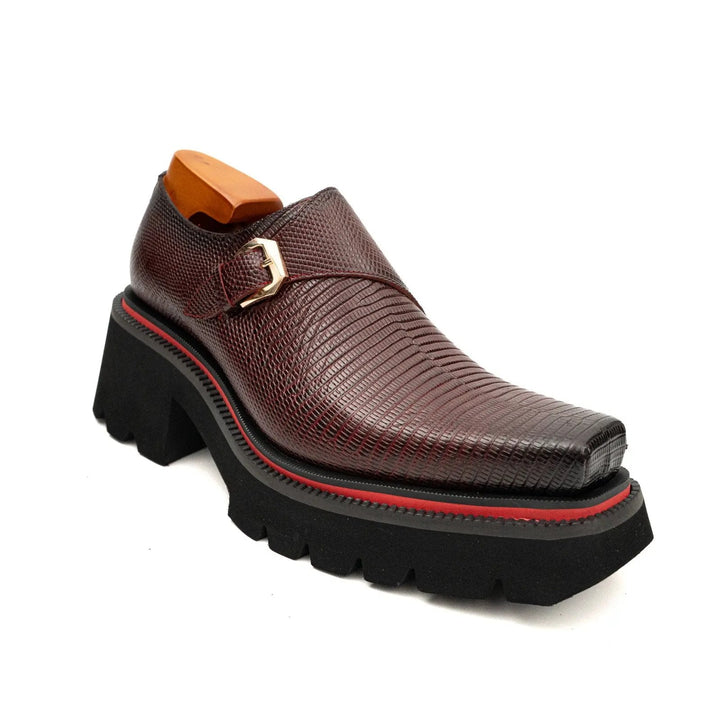 Burgundy Lizard-Embossed Cow Leather Monk Shoes