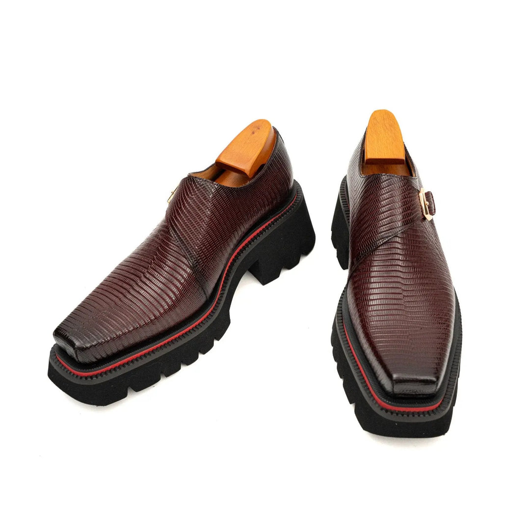 Burgundy Lizard-Embossed Cow Leather Monk Shoes
