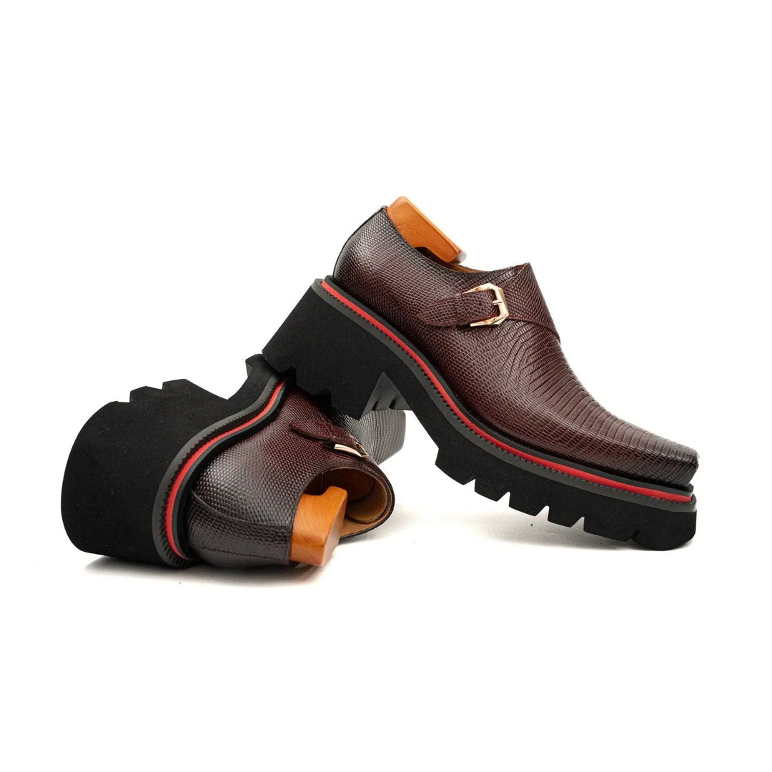 Burgundy Lizard-Embossed Cow Leather Monk Shoes