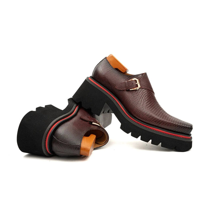 Burgundy Lizard-Embossed Cow Leather Monk Shoes