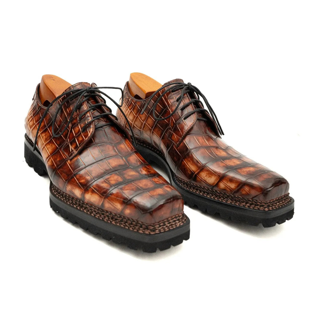 Brown-Black Crocodile Leather Derby Shoes