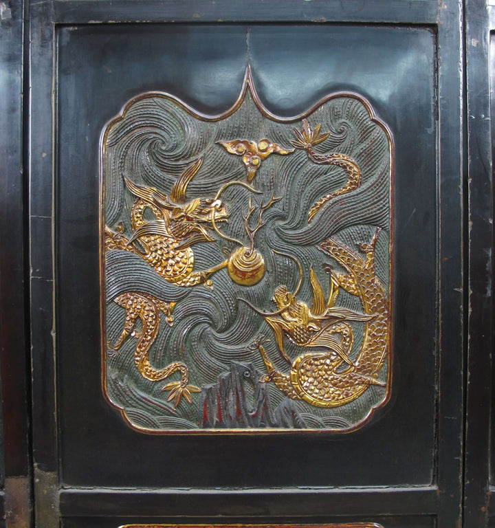Antique Chinese Room Divider w Hand Carved & Gilded Dragons on Both Sides - Set of 4