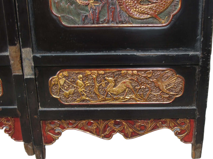 Antique Chinese Room Divider w Hand Carved & Gilded Dragons on Both Sides - Set of 4