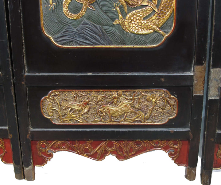 Antique Chinese Room Divider w Hand Carved & Gilded Dragons on Both Sides - Set of 4
