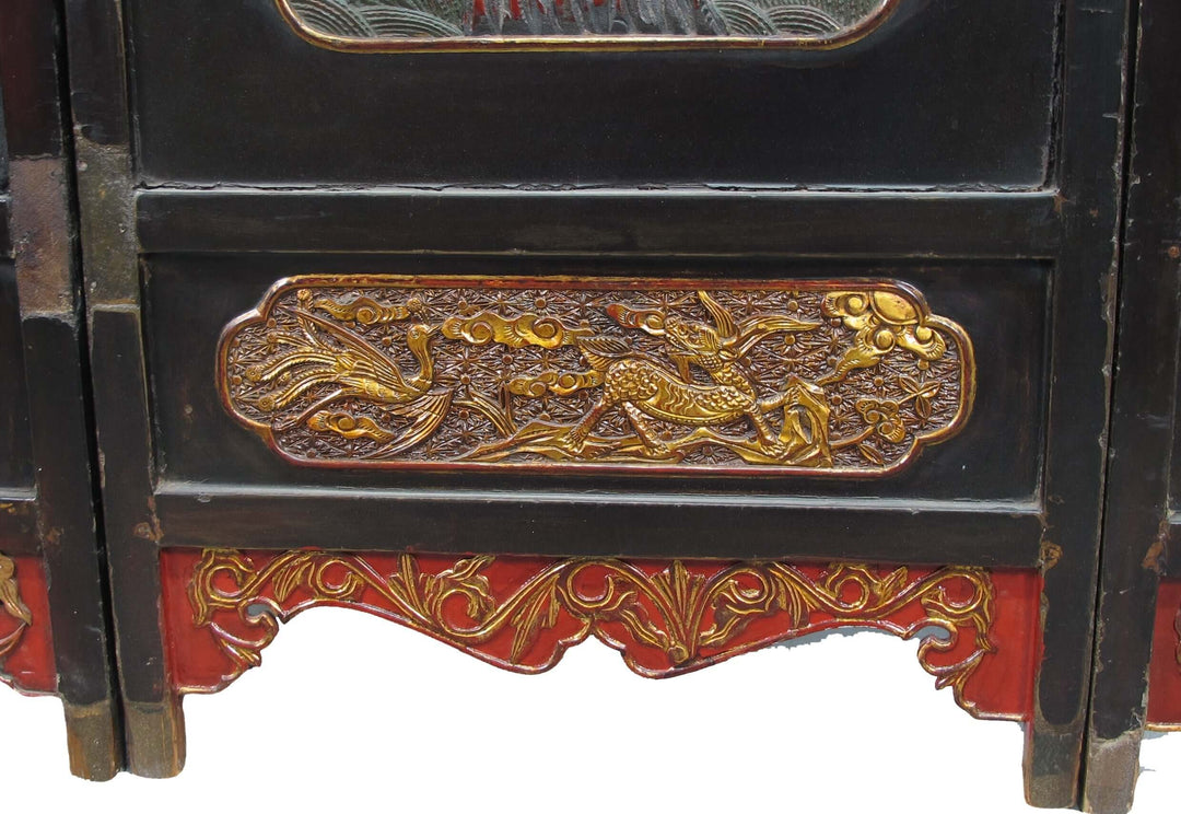 Antique Chinese Room Divider w Hand Carved & Gilded Dragons on Both Sides - Set of 4