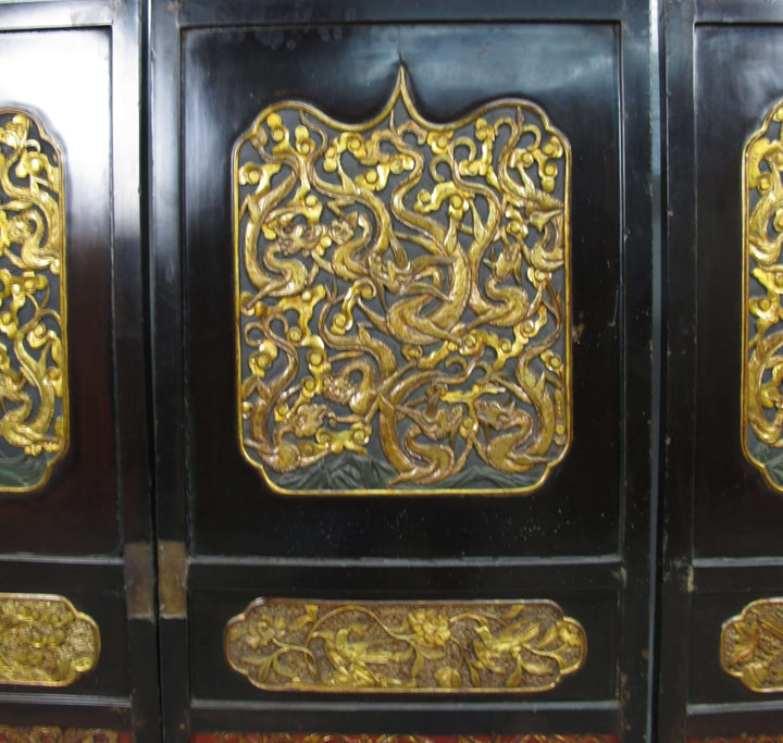 Antique Chinese Room Divider w Hand Carved & Gilded Dragons on Both Sides - Set of 4